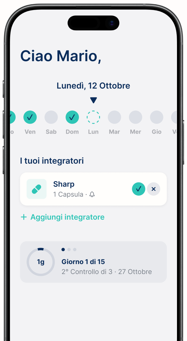 La home di IntegraMente con l'integratore Sharp da segnare con una spunta.